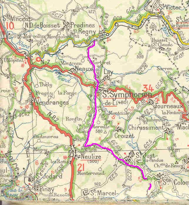 Tracé de la ligne entre Balbigny et Régny